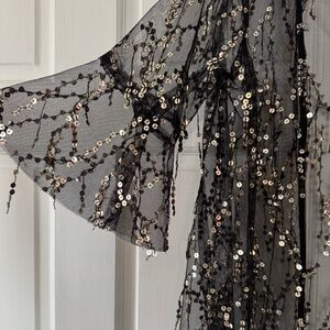 Three Bird Nest black and silver sequin fringe kimono